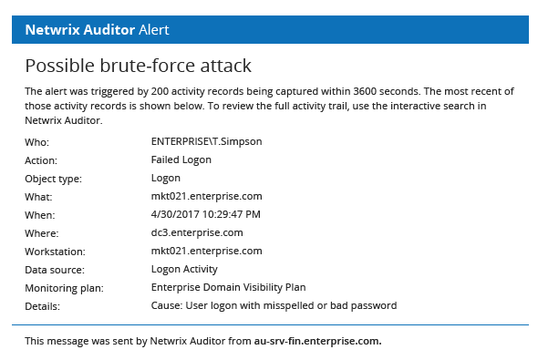 Possible brute-force attack alert from Netwrix Auditor