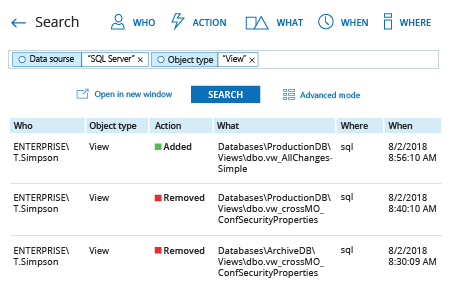 how to check SQL Server view permissions changes: Netwrix Auditor Interactive Search result