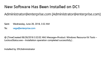 E-mail message: details on software installation on Windows server