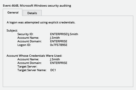 Microsoft Windows Security Event 4648: a logon was attempted using explicit credentials