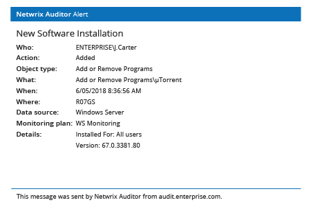 Netwrix Auditor Alert: New Software Installation