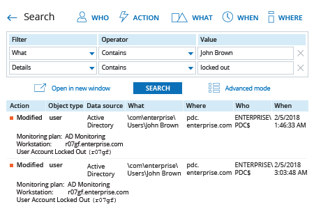 Netwrix Auditor Interactive Search report: shows account lockout sources