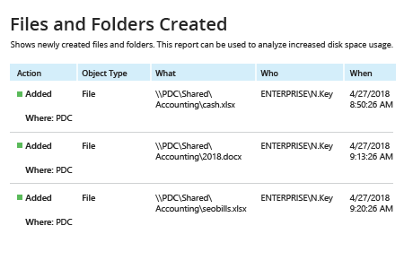 Netwrix Auditor Files and Folders Created: Shows newly created files and folders